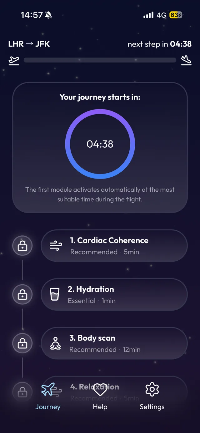 EOLE app screen: in-flight journey with cardiac coherence, hydration and body scan sessions