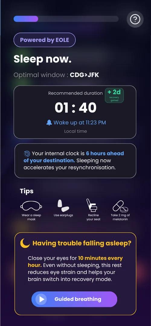 EOLE app screen showing the recommended sleep window